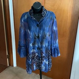 Beautiful Damee, Inc. blue/black lace blouse/cover jacket with animal print Sz L